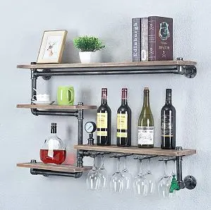 TMGY Industrial Pipe Wine Rack with 4 Stem Glass Holder